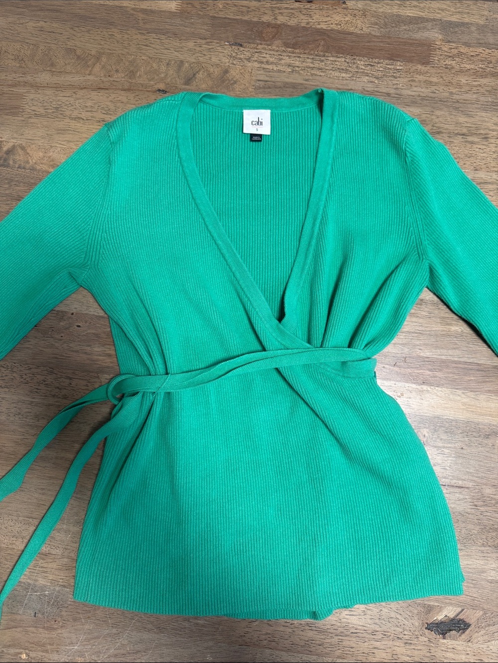 CAbi Emerald Green Ribbed Wrap Top with Self-Tie